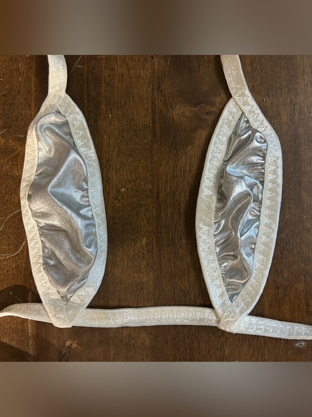 NWOT Sexy Skimpy Handmade White w/ Silver Lame Teardrop Top & Thong Bikini Set - Picture 3 of 6